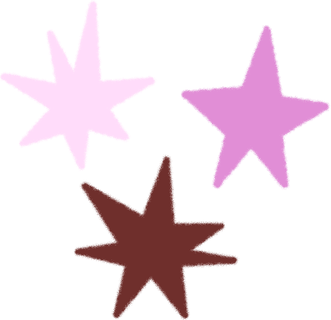 Three hand-drawn star shapes in light pink, purple, and brown on a black background.