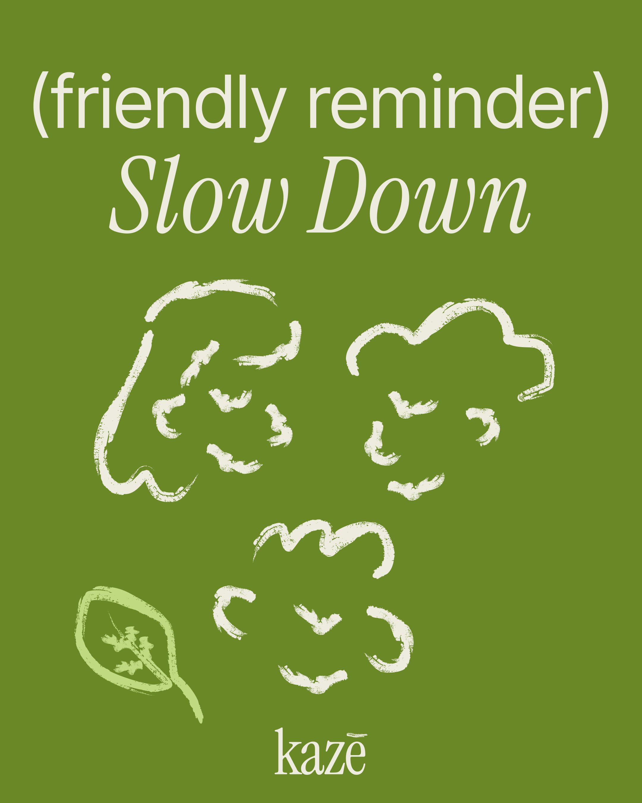 Green background with white text that reads '(friendly reminder) Slow Down' and white illustrations of human faces.
