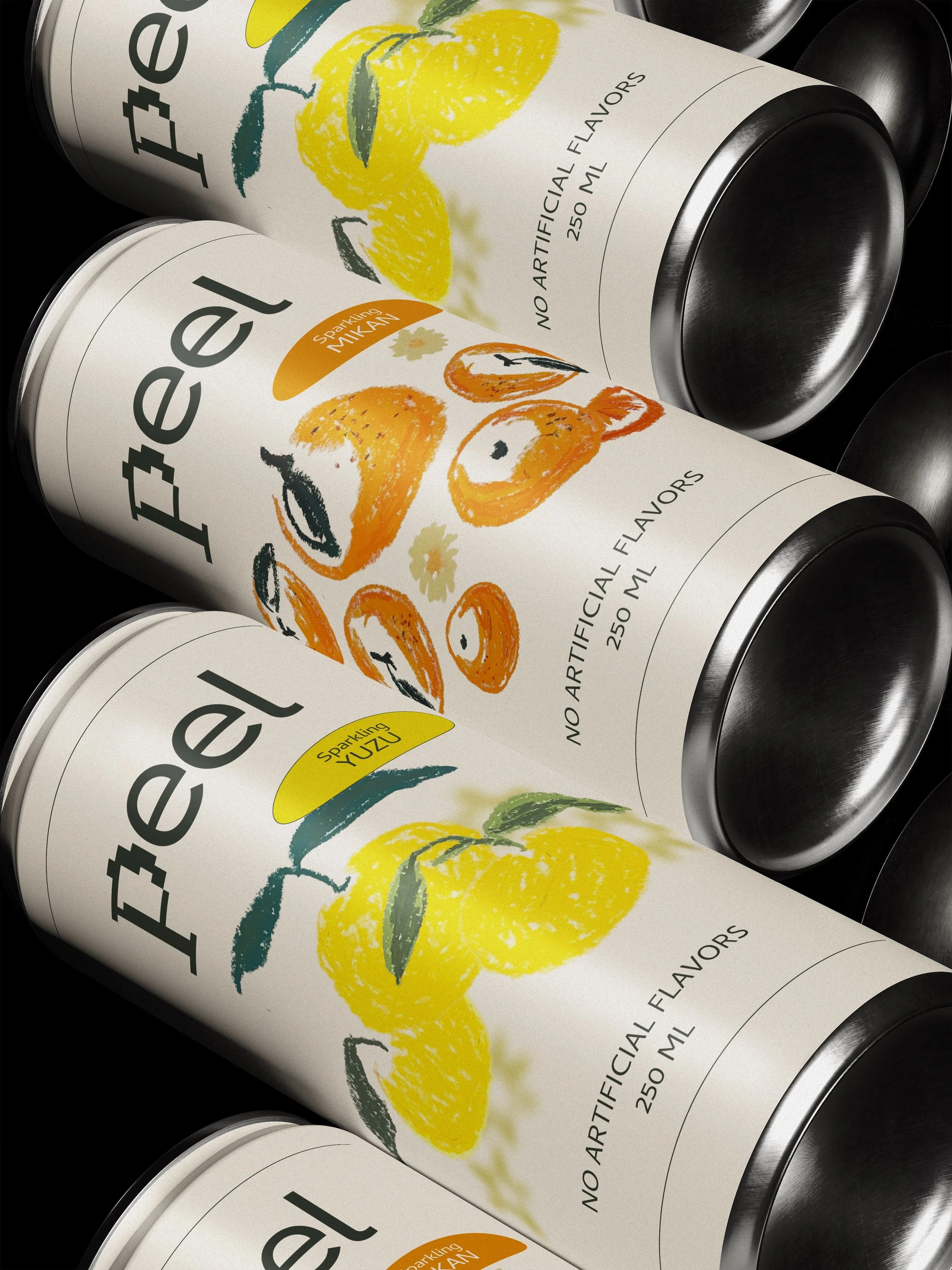 Three cans of sparkling drink with decorative labels featuring lemons and a citrus fruit, placed on a black surface.