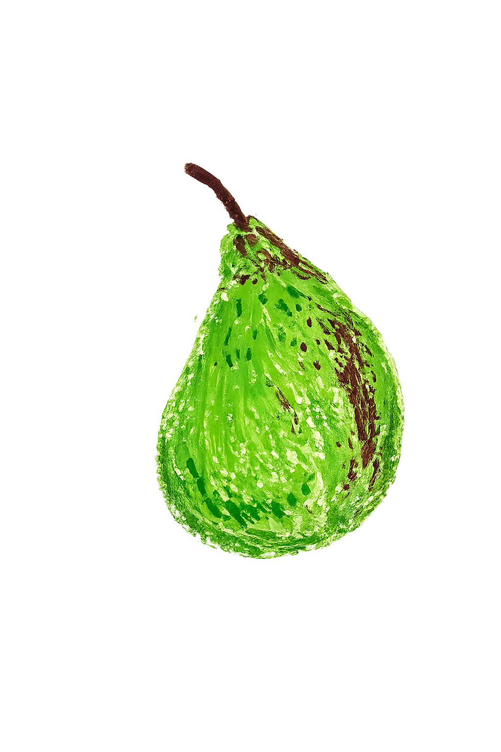 A digital illustration of a green pear with brown spots and a brown stem.