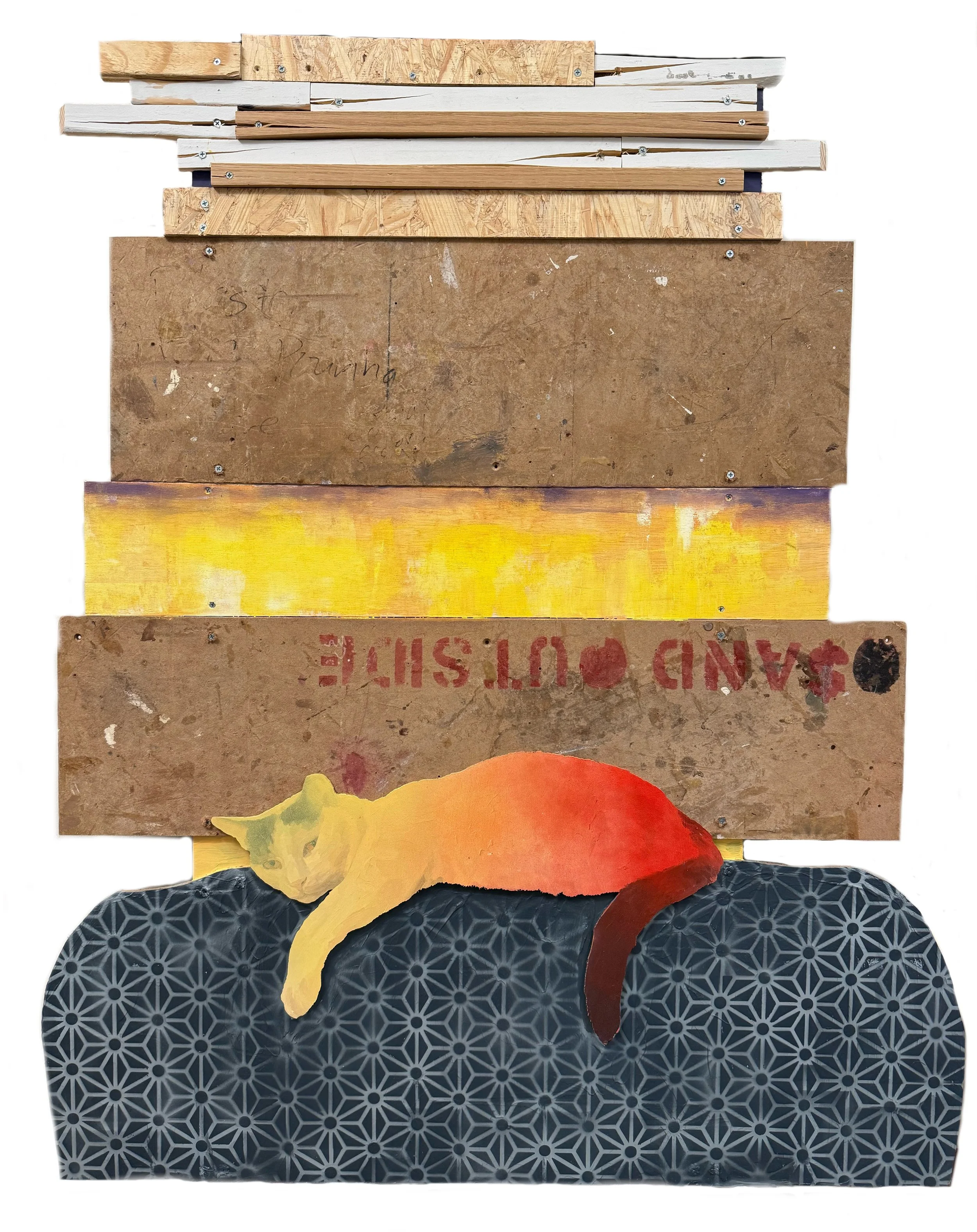 Settling In, 2026 • Oil, acrylic, spray, and Flashe on layered wood panels • 49 × 41 in.