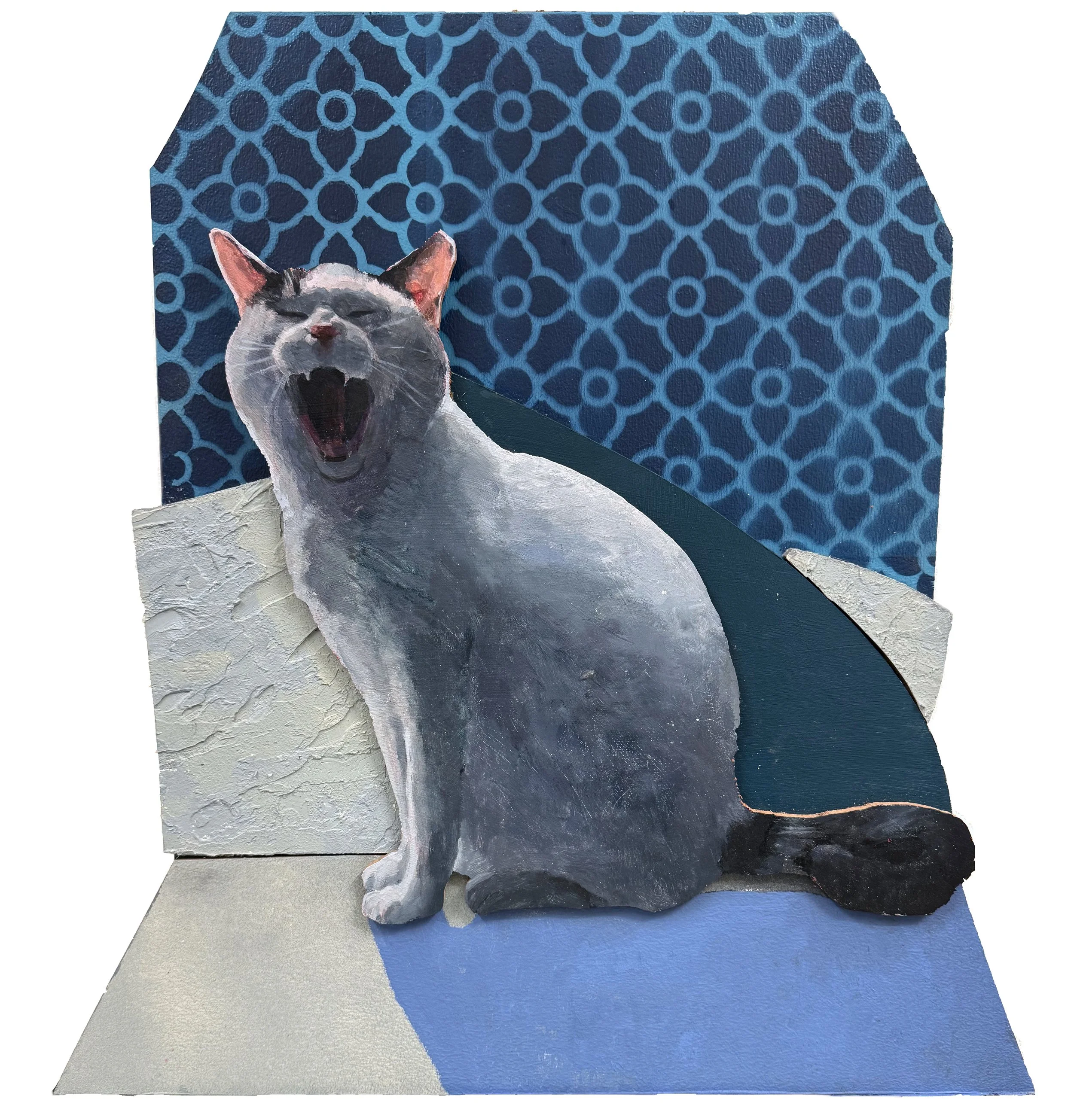 Rude Awakening, 2026 • Oil, acrylic, spray, and Flashe on layered wood panels • 24 × 23 in.