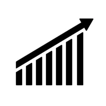 Black upward trending bar graph with an arrow pointing diagonally upward.