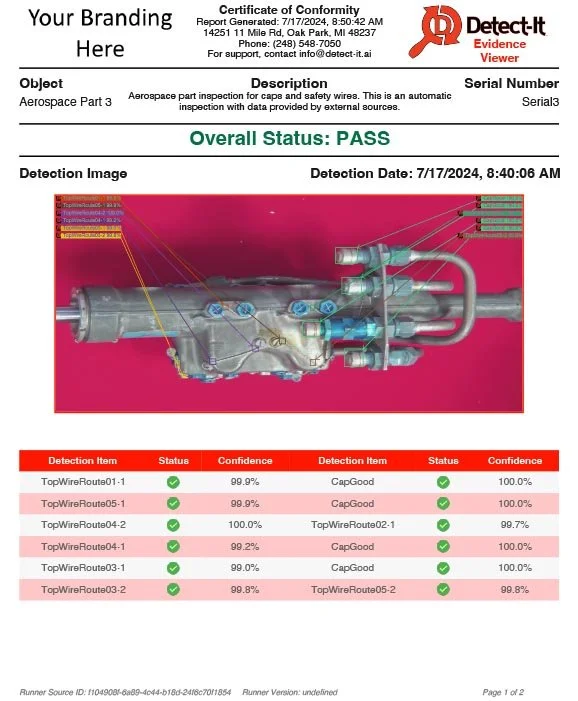A certificate of conformity from Detect-It showing an inspection of an aerospace part. It includes a detailed image of the part with detection data, overall status marked as PASS, and various detection items with their status and confidence levels. The report date is July 17, 2024.