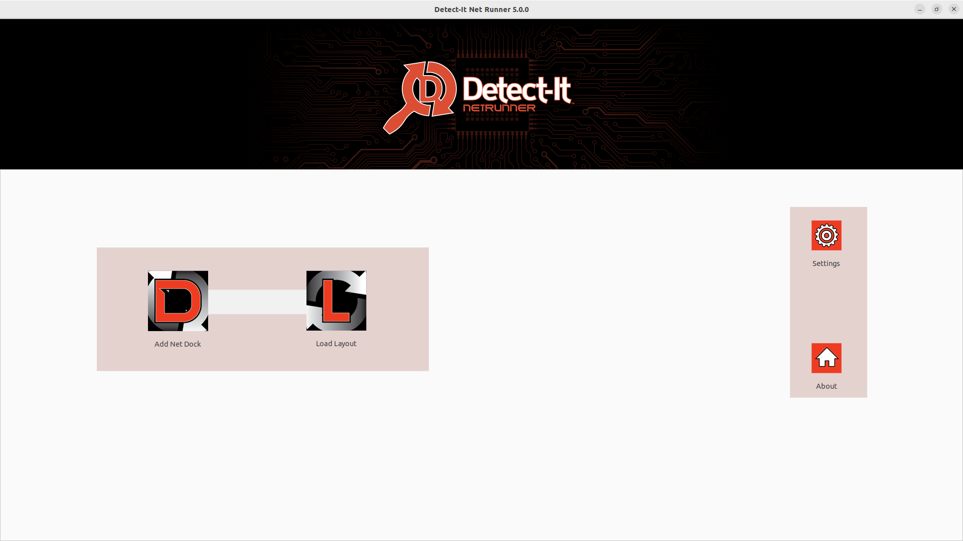Screenshot of Detect-It Net Runner 5.0.0 software interface with options to add a net dock and load layout, as well as settings and about buttons
