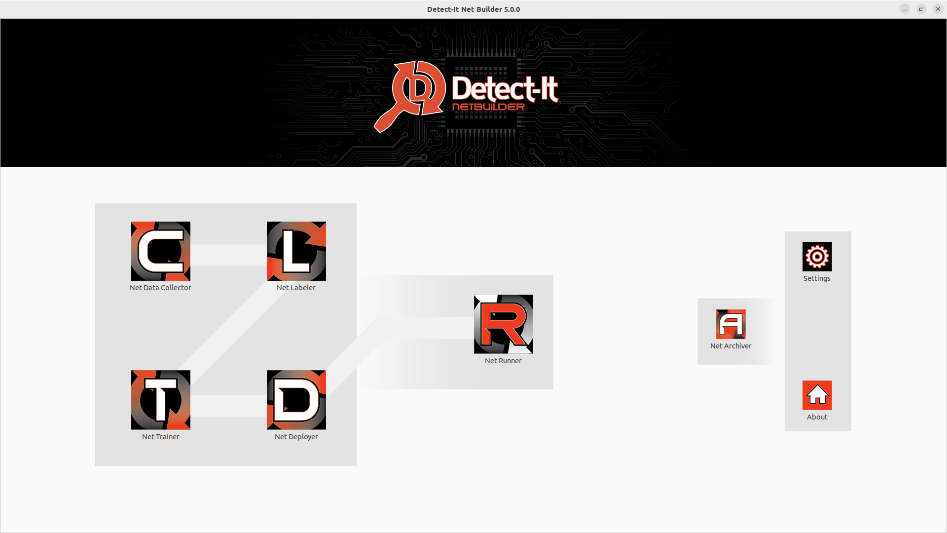 Screenshot of Detect-It Net Builder software with various tools and options for network security analysis, including icons for Net Data Collector, Net Labeler, Net Runner, Net Trainer, Net Deployer, Settings, Net Archiver, and About.