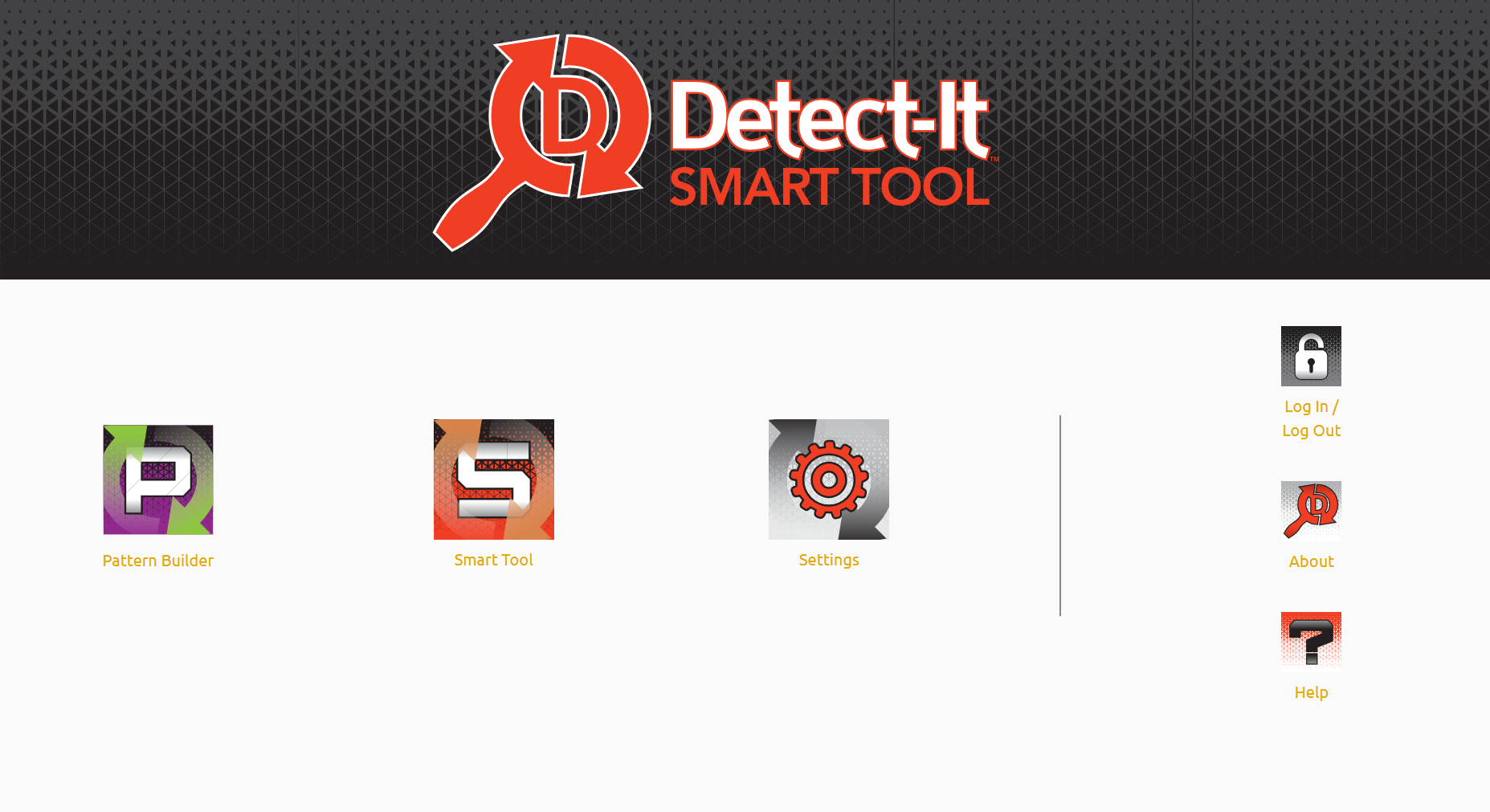 Screenshot of the Detect-It Smart Tool software interface featuring the logo at the top, three main icons labeled Pattern Builder, Smart Tool, and Settings, along with icons for Log In/Out, About, and Help on the right side.