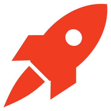 A red rocket ship icon with a black background.