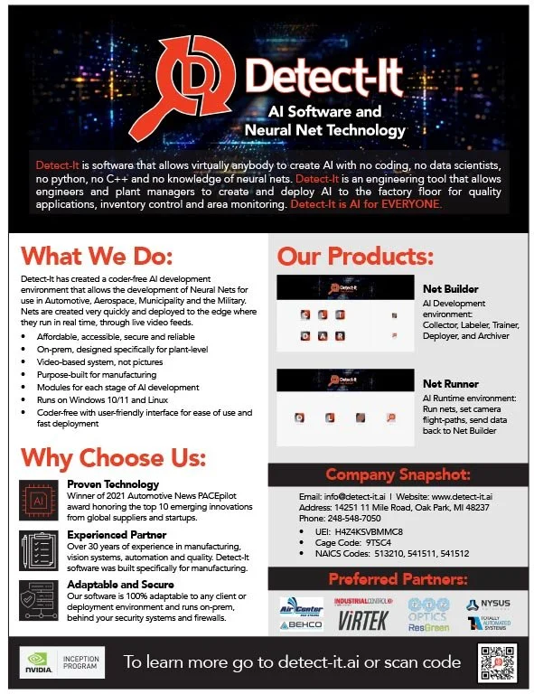 Thumbnail of Detect-It Manufacturing capabillities highlighting features, products, company info, and partner logos.