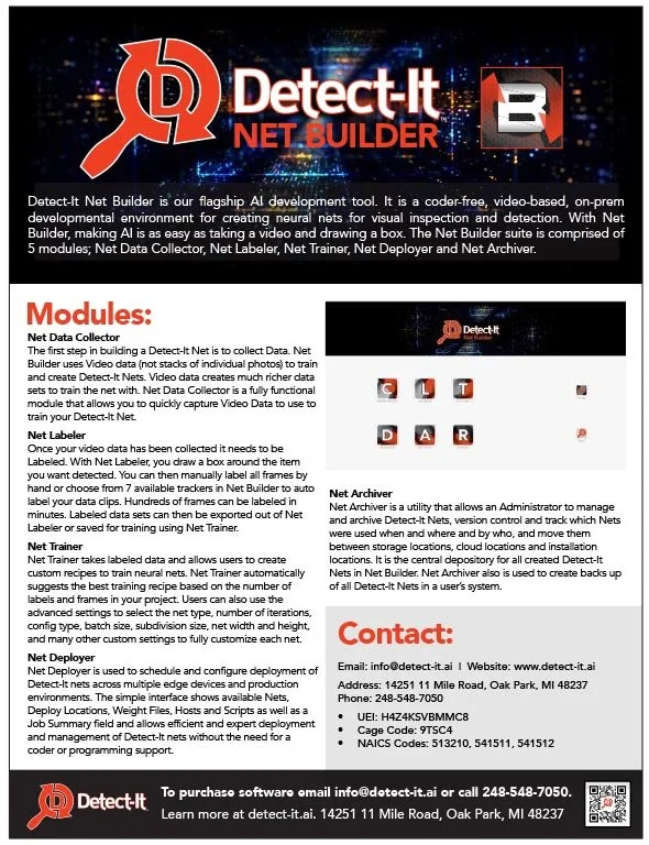 Detect-It Net Builder software logo and description, with modules overview including Net Data Collector, Net Labeler, Net Trainer, Net Archive, and a contact information section.
