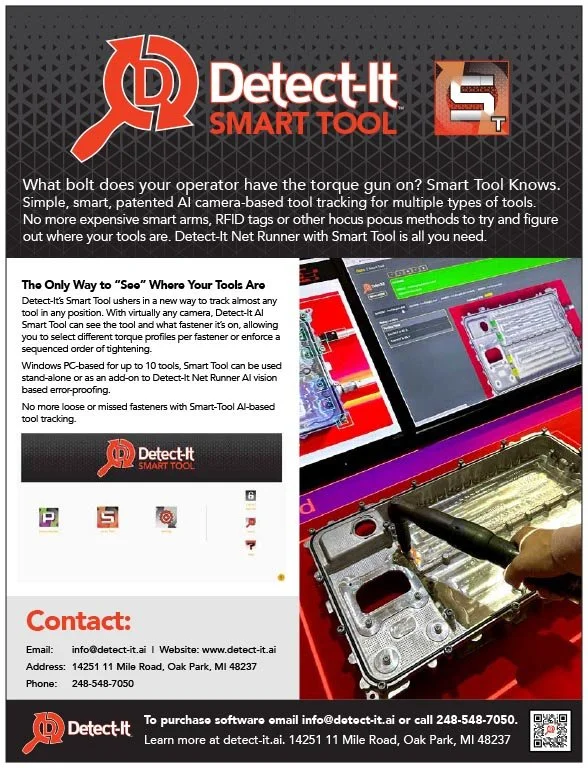 Brochure for Detect-It Smart Tool, an AI-powered camera-based tool for torque gun bolt inspection, featuring images of the tool process, contact info, and a QR code.