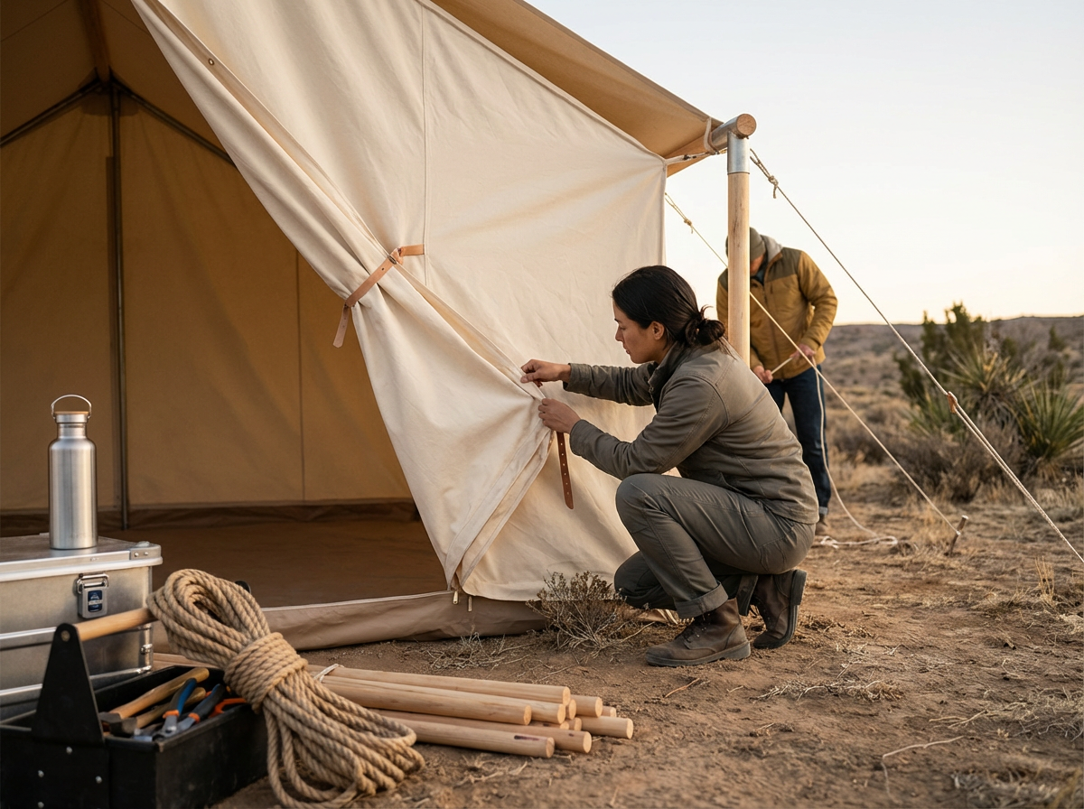 A woman in outdoor gear adjusting the flap of a canvas tent in a desert landscape, with another person holding a rope in the background and camping equipment nearby.
