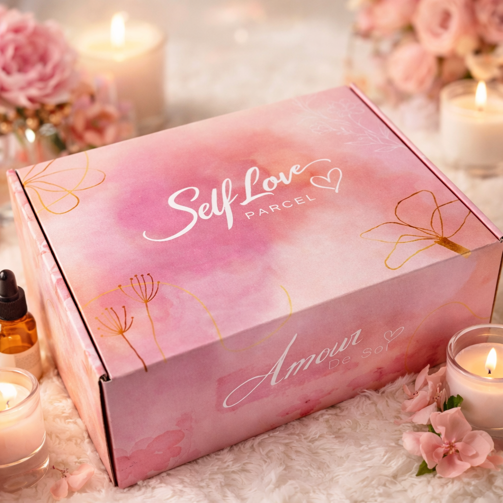 A pink and white box with the words "Self Love Parcel" and "Amour de soi" written on it, surrounded by pink flowers and lit candles, on a soft surface.