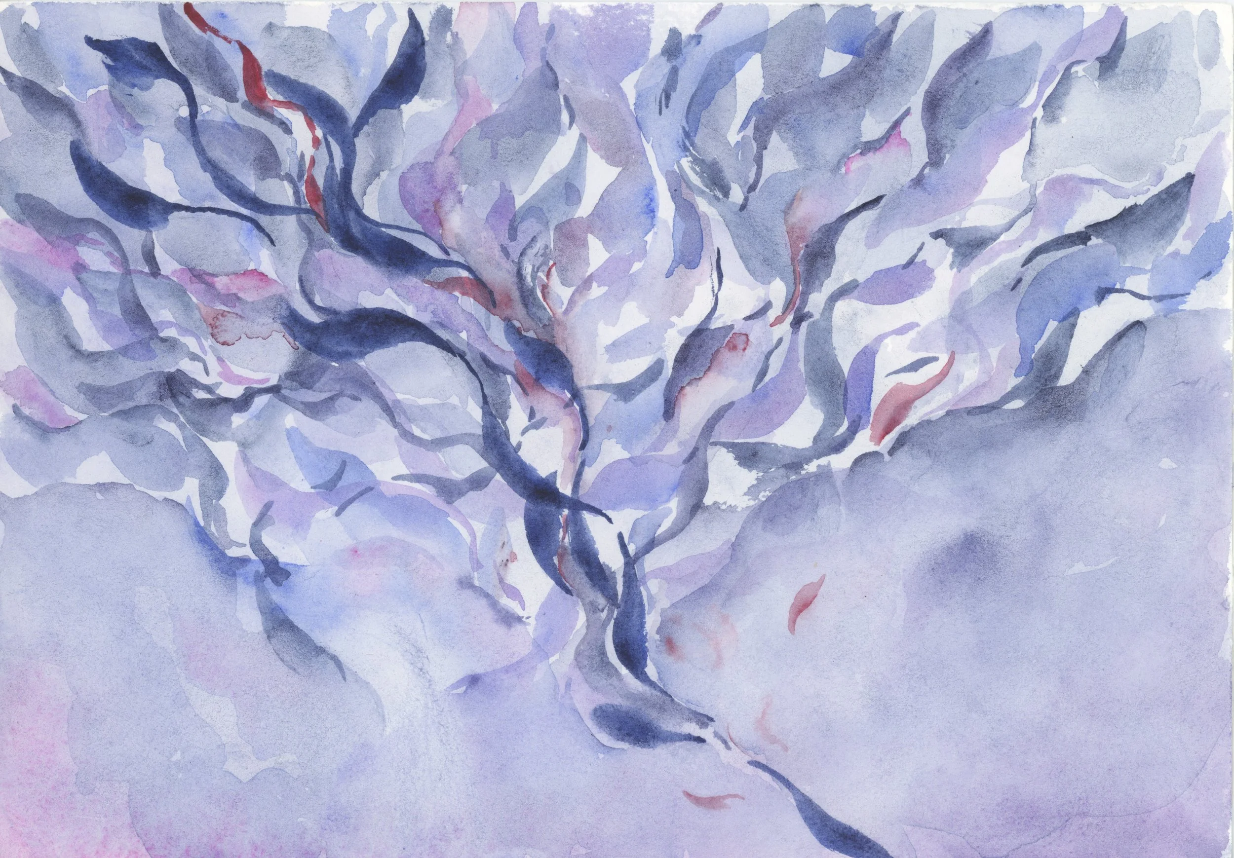 A watercolor painting of a tree with purple, pink, and blue leaves.