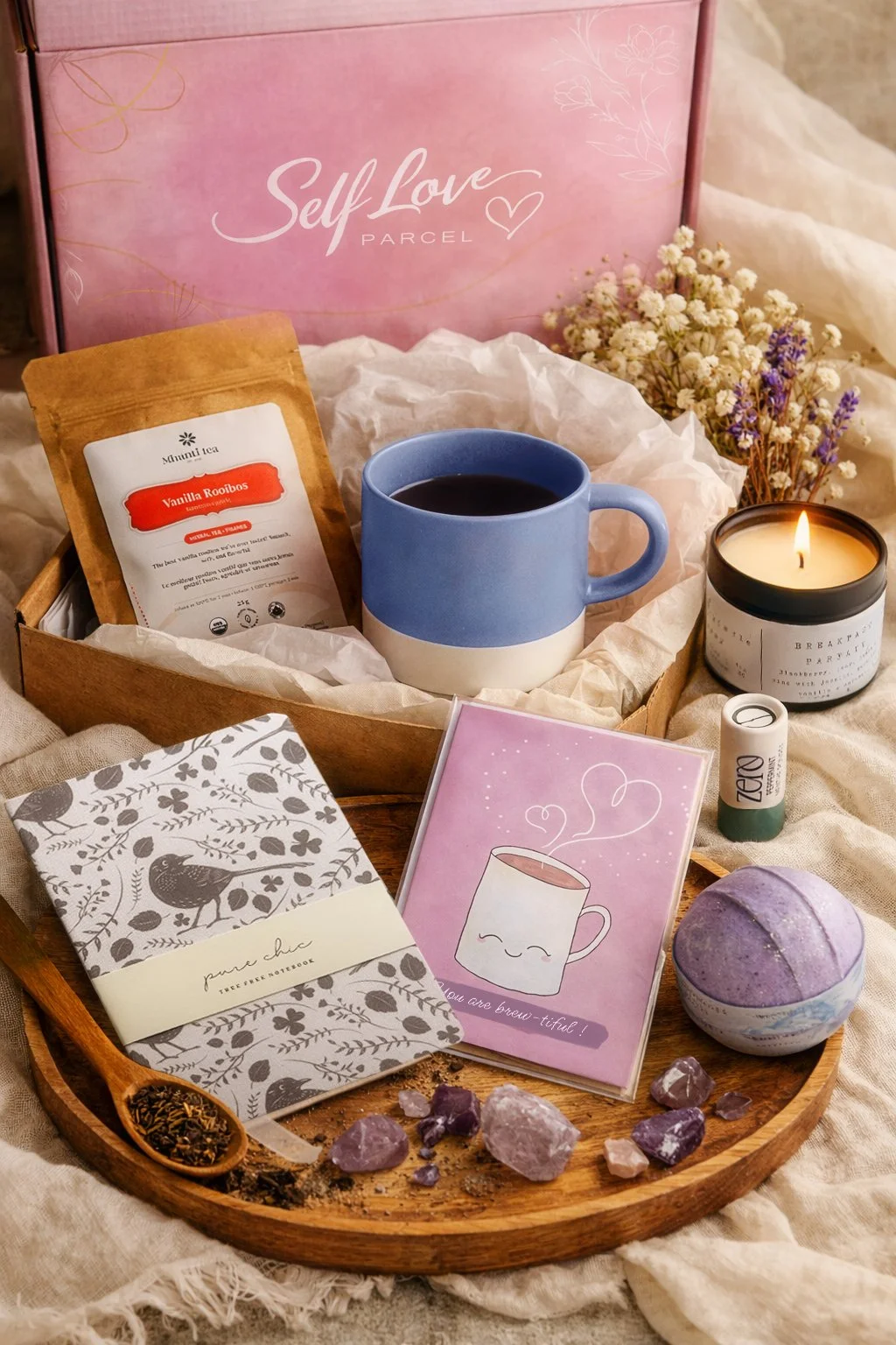 A gift box with self-love items: a blue mug filled with tea, a candle, a purple bath bomb, herbal tea, motivational notebooks, crystals, a small tube labeled 'ZERO,' and a pink card with a steaming mug illustration, decorated with flowers and a pink box that says 'Self Love Parcel.'