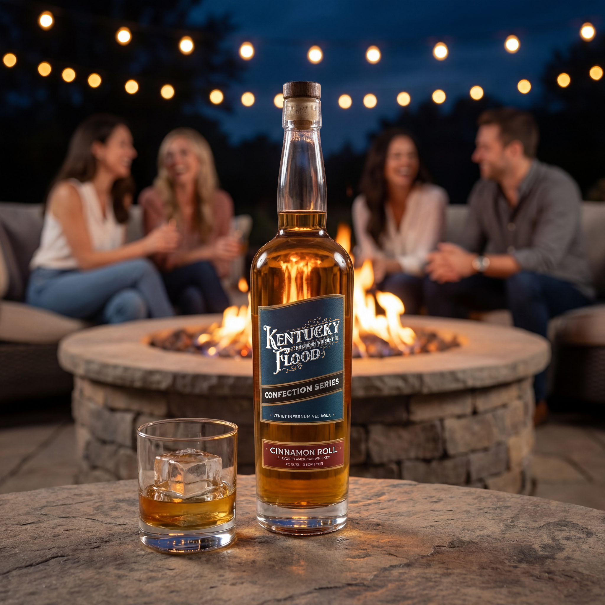 A bottle of Kentucky Fire cinnamon roll flavored American whiskey on a table, with two glasses of whiskey nearby. In the background, four people are sitting around a fire, smiling and socializing, with string lights above during the evening.