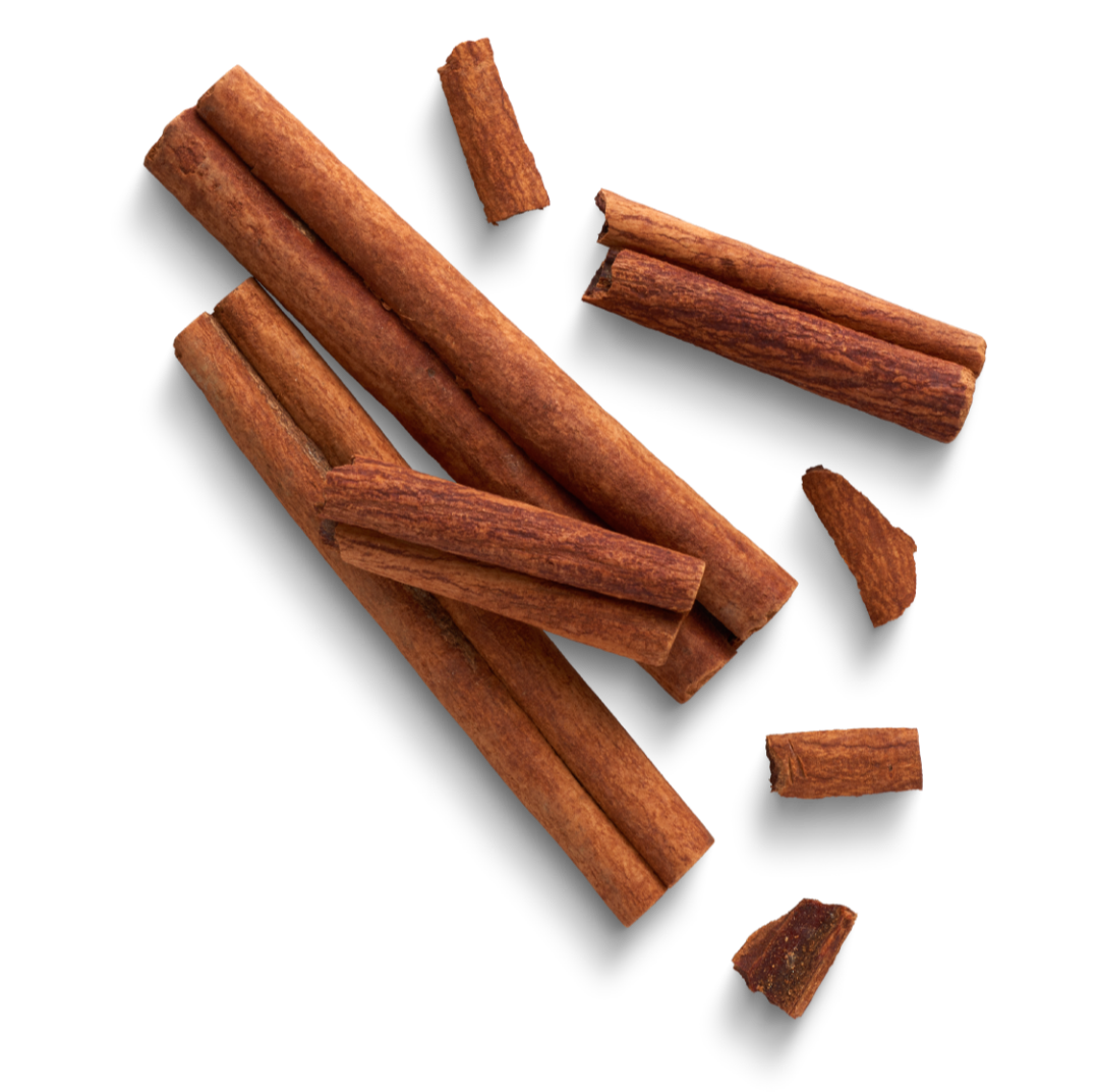 Several cinnamon sticks and small cinnamon fragments on a black background.