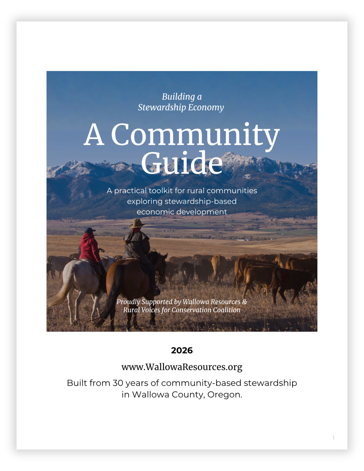 Cover page of a community guide titled 'Building a Stewardship Economy' with a background image of large mountains and a rural landscape with people on horseback herding cattle.