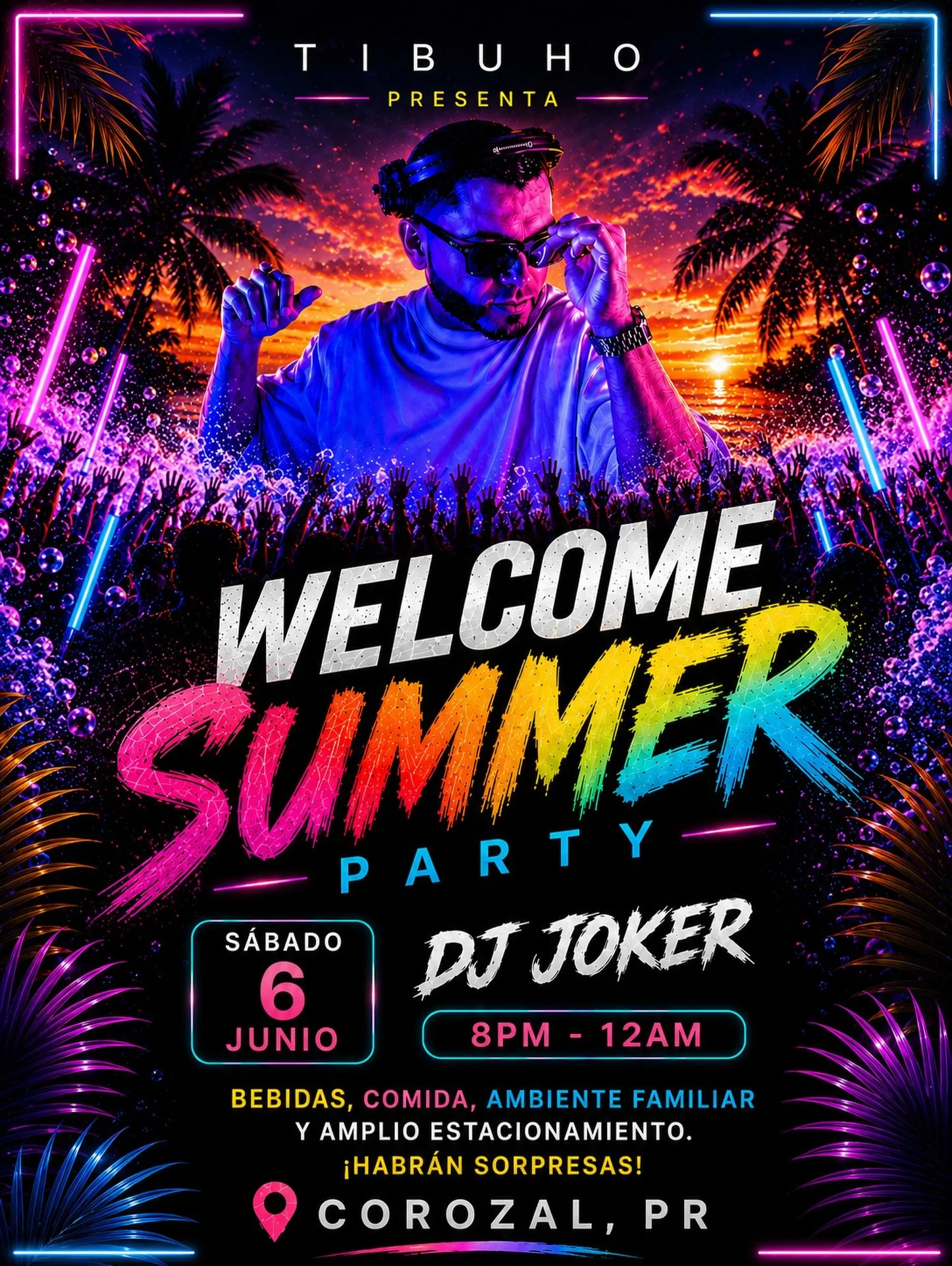 🌴☀️ EL VERANO COMIENZA EN TIBUHO ☀️🌴

Prep&aacute;rate para una noche llena de m&uacute;sica, luces, bebidas, buena vibra y el party que Corozal estaba esperando 🔥🎶

💿 DJ JOKER EN VIVO
🗓 S&Aacute;BADO, 6 DE JUNIO
⏰ 8PM &ndash; 12AM
📍 COROZAL, 