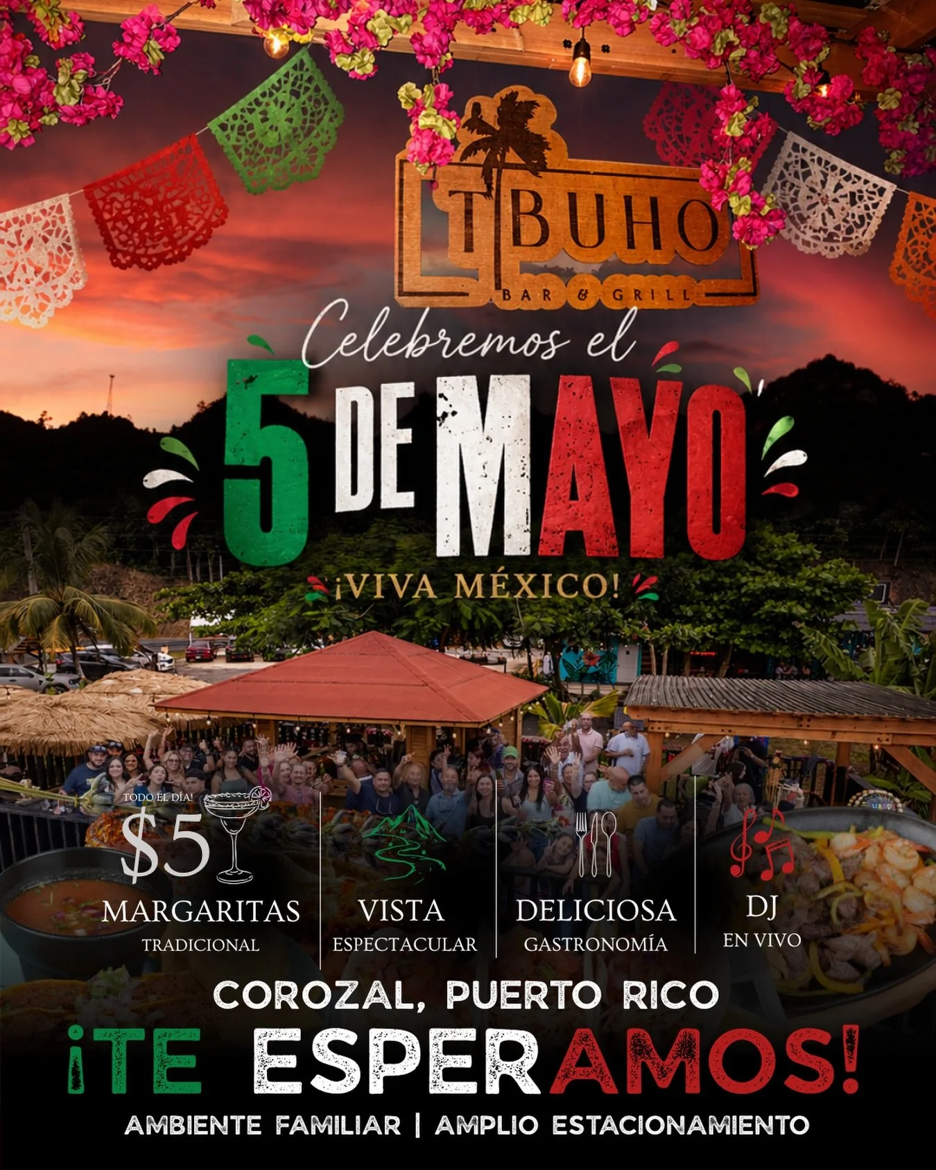 🇲🇽🔥 COROZAL SE VA EN MODO M&Eacute;XICO 🔥🇲🇽

Este 5 de mayo, en Tibuho Bar &amp; Grill no es un jangueo&hellip; es una experiencia completa 🌴🎉

🍹 Margaritas tradicionales a $5 TODO EL D&Iacute;A
🌄 Vista brutal + ambiente familiar
🌮 Comida 