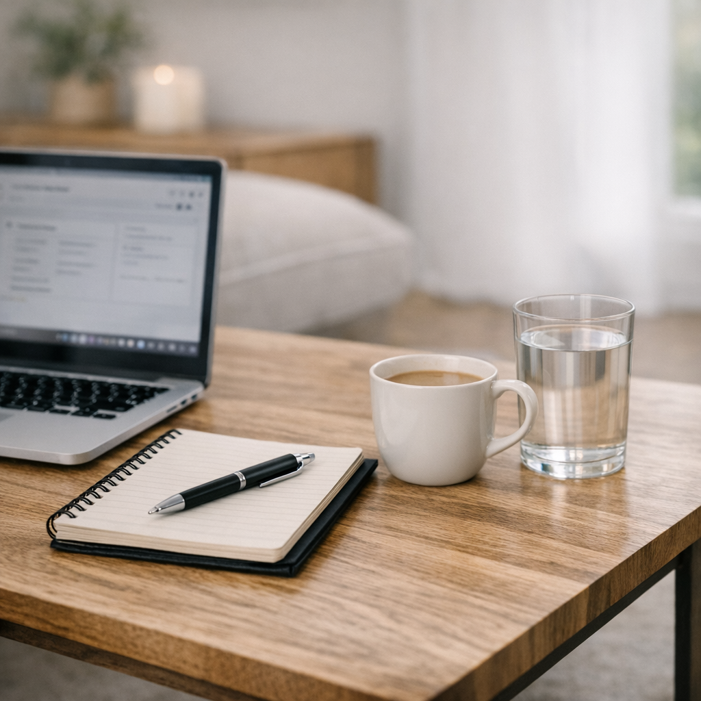 A wooden desk with a laptop, a notebook with a pen, a coffee cup, and a glass of water, in a bright room with a bed and window in the background.
