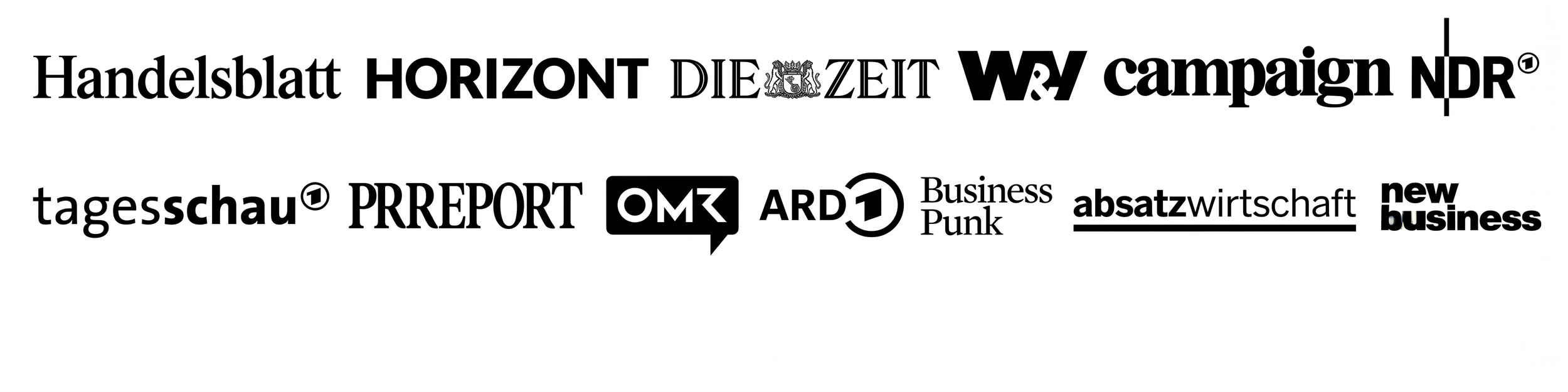 Sammlung verschiedener Logo-Designs von deutschen Medienunternehmen und Zeitschriften in Schwarz-Weiß.