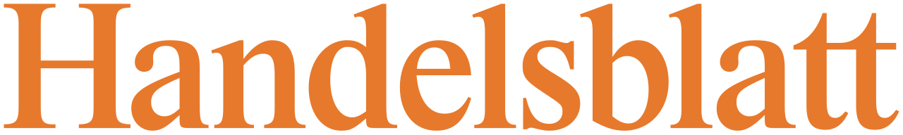 Ein oranges Logo mit schwarzem Hintergrund, das den Text 'Handelsblatt' zeigt.