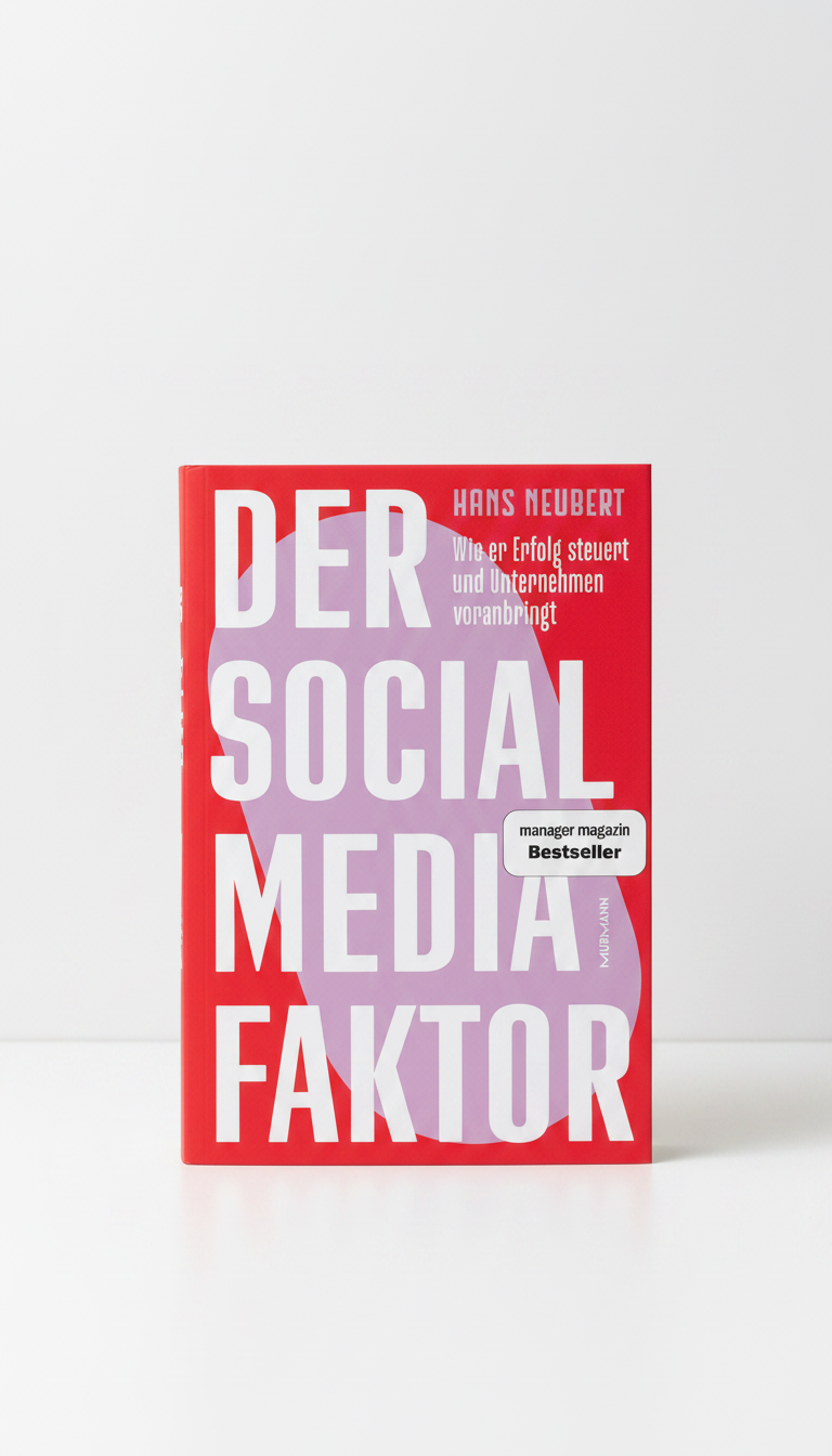 Buch mit rotem Cover und großen weißen Buchstaben, Titel: »Der Social Media Faktor«. Autor: Hans Neubert. Es hat einen weißen Aufkleber mit schwarzem Text: »Manager Magazin Bestseller«. Die Buchseite ist schlicht, ohne Bilder, vor weißem Hintergrund.