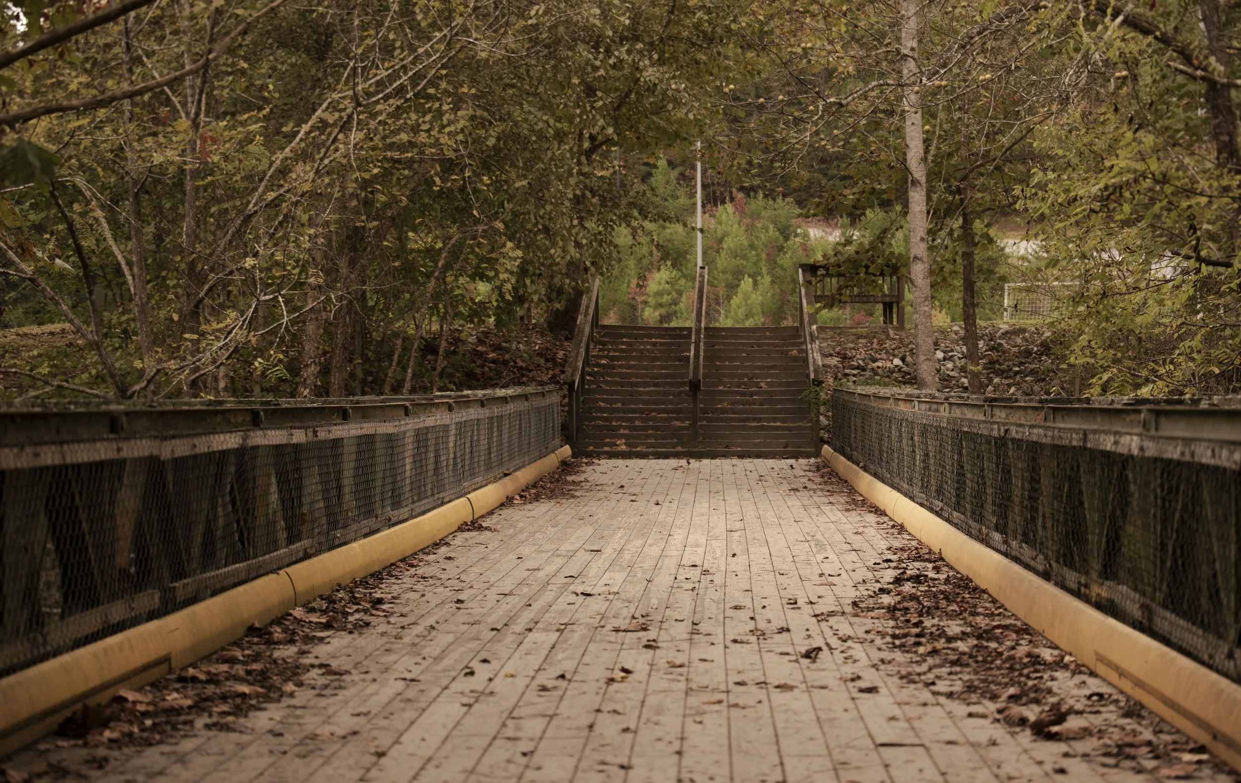 A wooden park bridge with railings on either side, leading to a staircase surrounded by trees with autumn leaves.