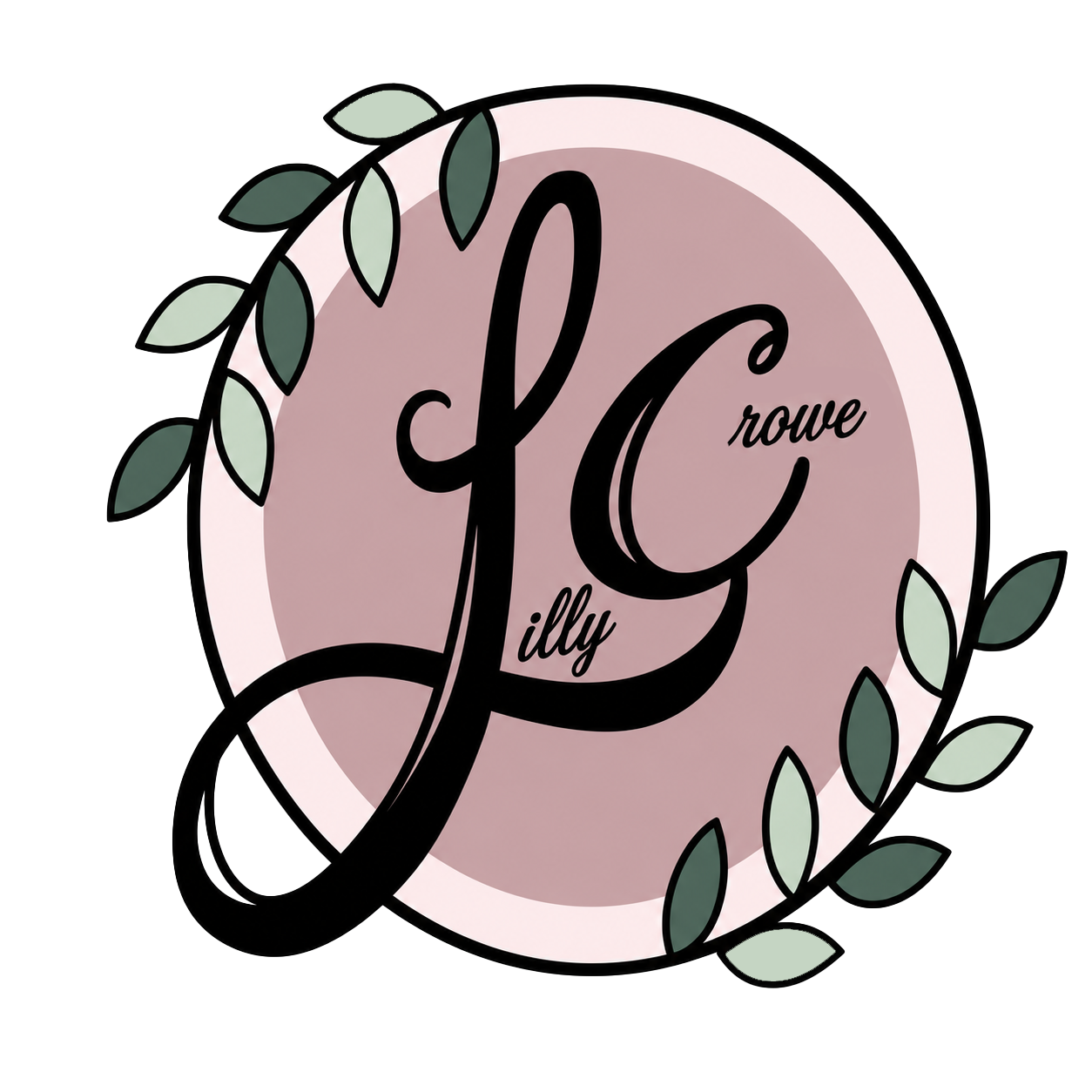 Decorative logo with a large black letter 'G' surrounded by green leaves, pink background, and the words 'illy' and 'rowe' integrated into the design.