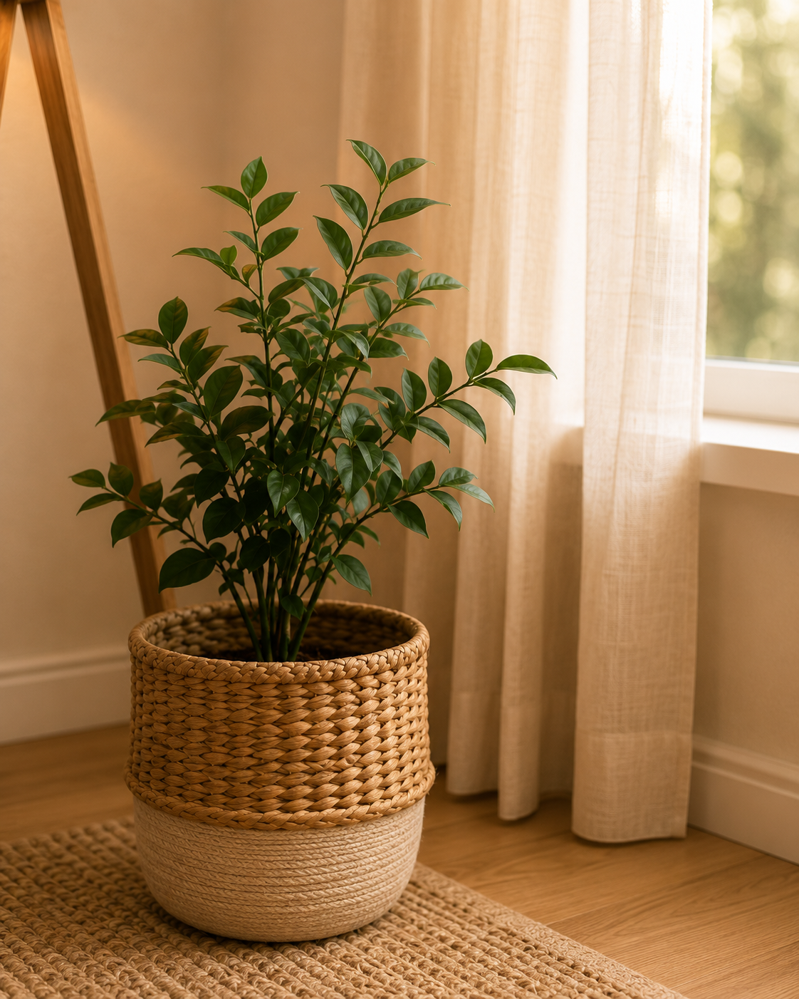 Green leafy plant in a woven basket near a window with beige curtains and sunlight