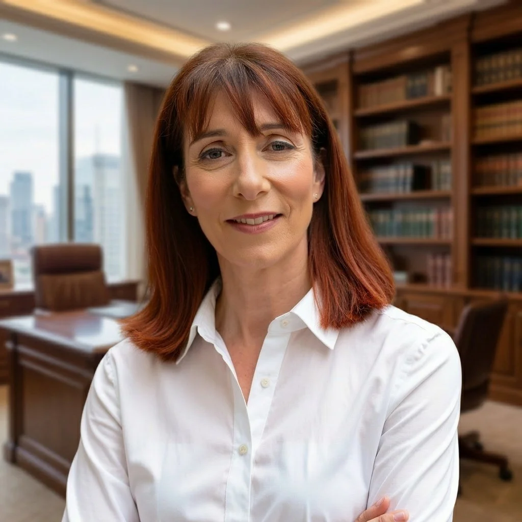 A woman with reddish-brown hair wearing a white button-up shirt standing in a well-lit office with large windows and shelves filled with books in the background.