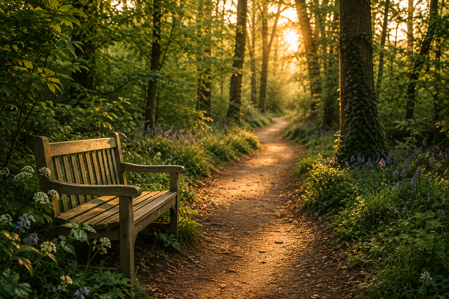 A wooden park bench on a forest path during sunset, surrounded by green foliage and purple flowers.