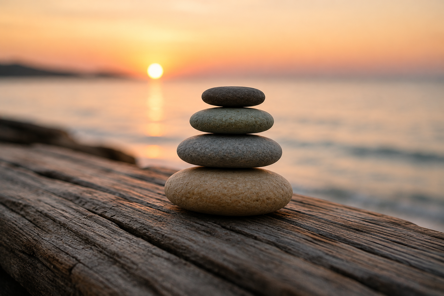 Stacked smooth stones on a wooden surface at sunset by the water.