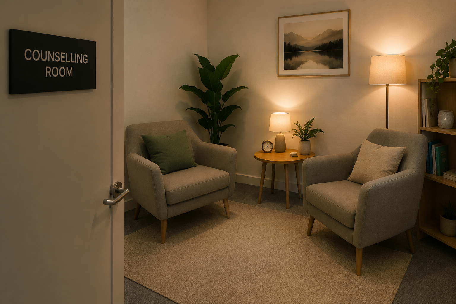 Counselling room with two beige armchairs, a round wooden side table with a lamp, clock, and plant, a large framed landscape photograph on the wall, bookshelf, and a large potted plant in the corner.