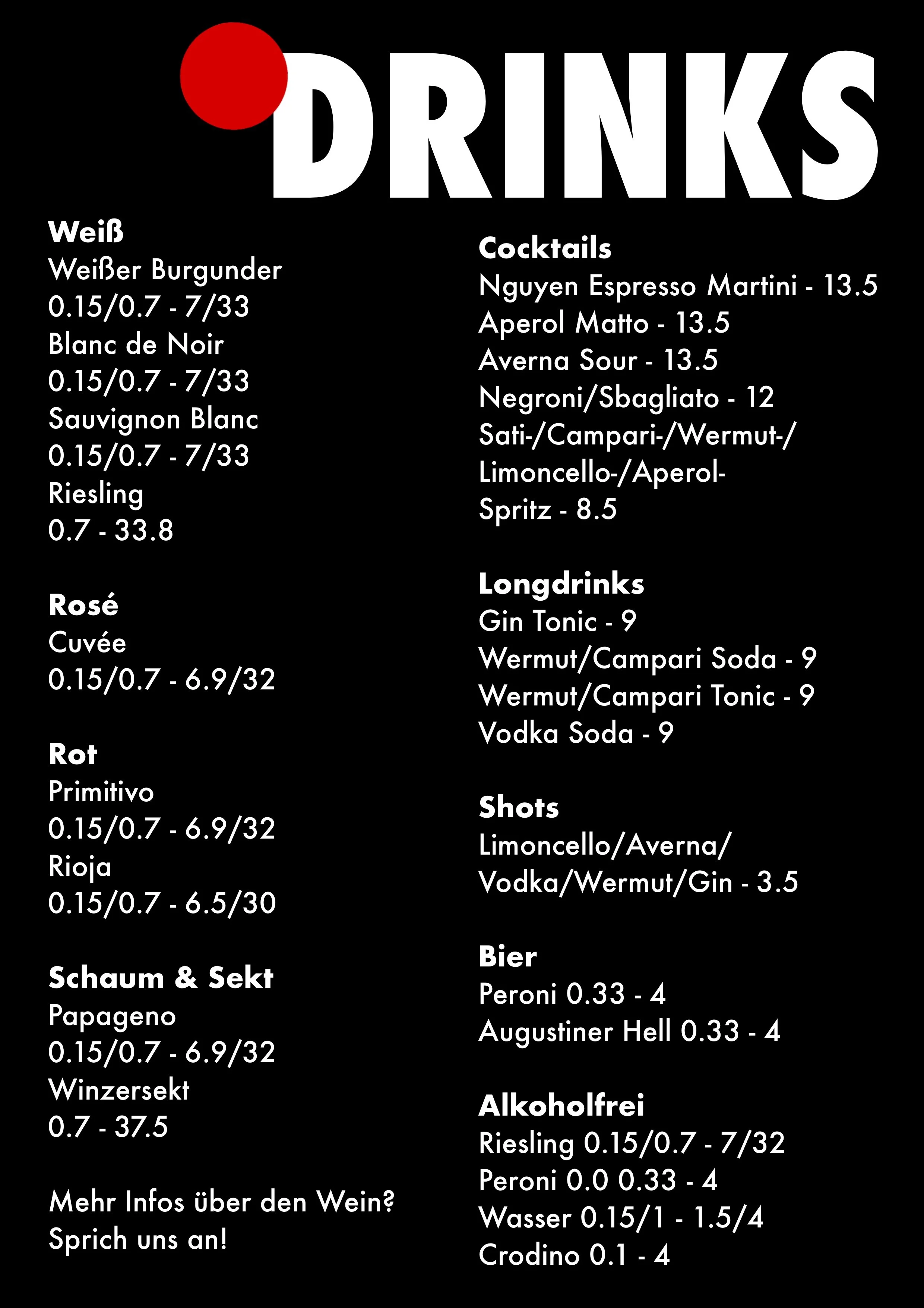 Digitales Menü mit Getränken, Wein, Cocktails, Longdrinks, Bier, Alkoholfrei, und weiteren alkoholischen Getränken auf schwarzem Hintergrund, weiße und rote Akzente, Text in Deutsch.