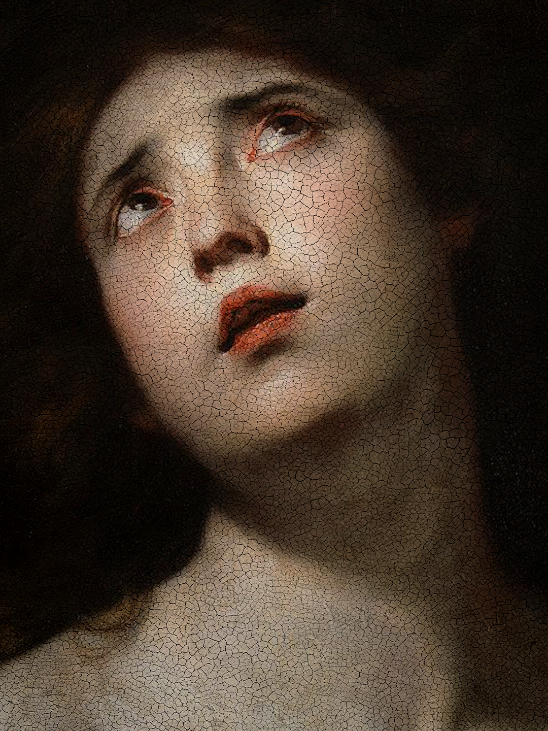 A close-up of a woman's face with a vintage-style cracked paint overlay. She has a contemplative expression, with {emotion} and seen with makeup, including dark lipstick and eye makeup.