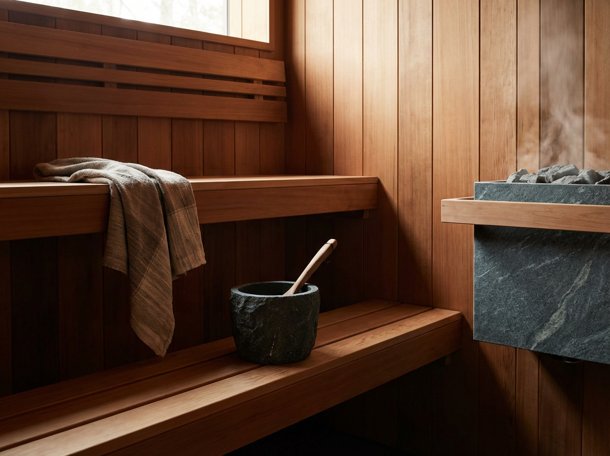 A wooden sauna room with a bench, towel, and a black stone bucket with a wooden dipper. Steam is rising near a stone heater.