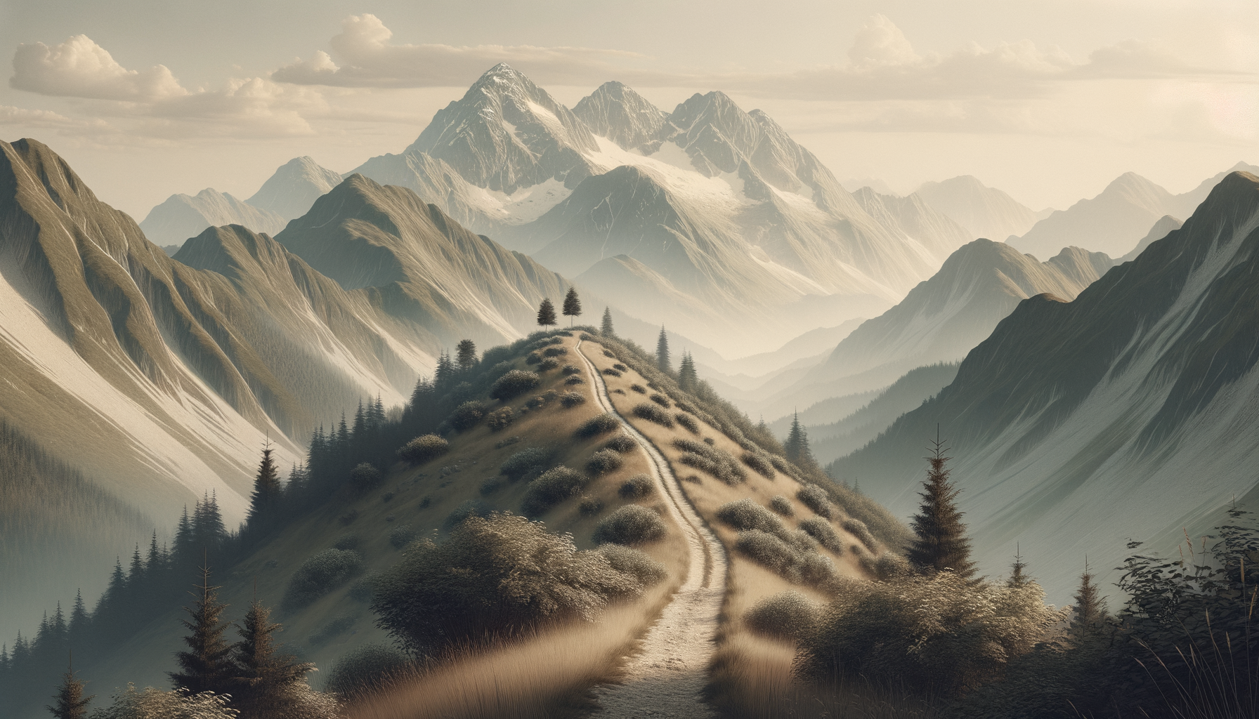 A winding dirt path leads up a grassy hill with scattered trees, surrounded by a vast mountain range with snow-capped peaks in the distance, under a cloudy sky.