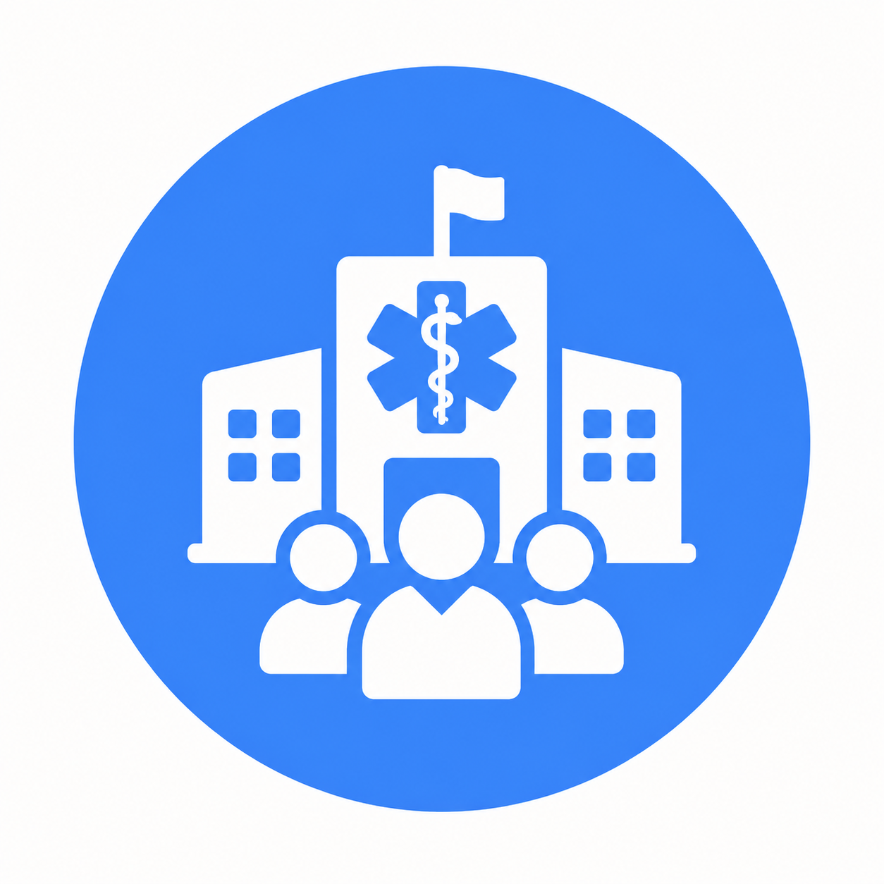 Icon representing healthcare management, featuring a hospital building, medical staff, and medical symbols including a cross and dollar sign.