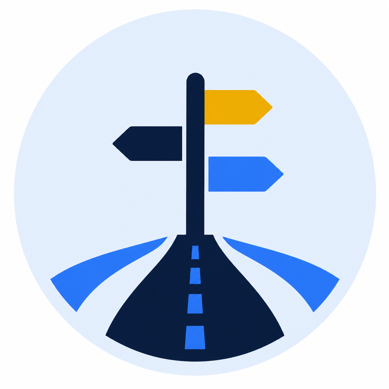 Signpost with three arrows pointing left, right, and straight ahead, set on a road with blue markings.