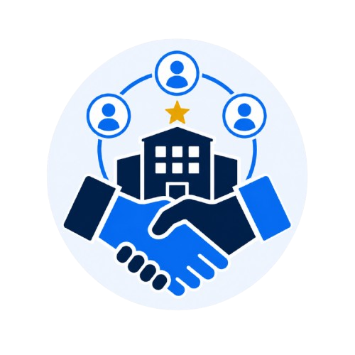 Icon of two shaking hands in front of a building with connected users around it, symbolizing partnership or collaboration.
