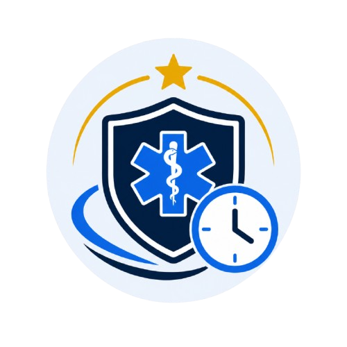 Medical shield with a caduceus symbol, a gold star above, and a clock indicating time.