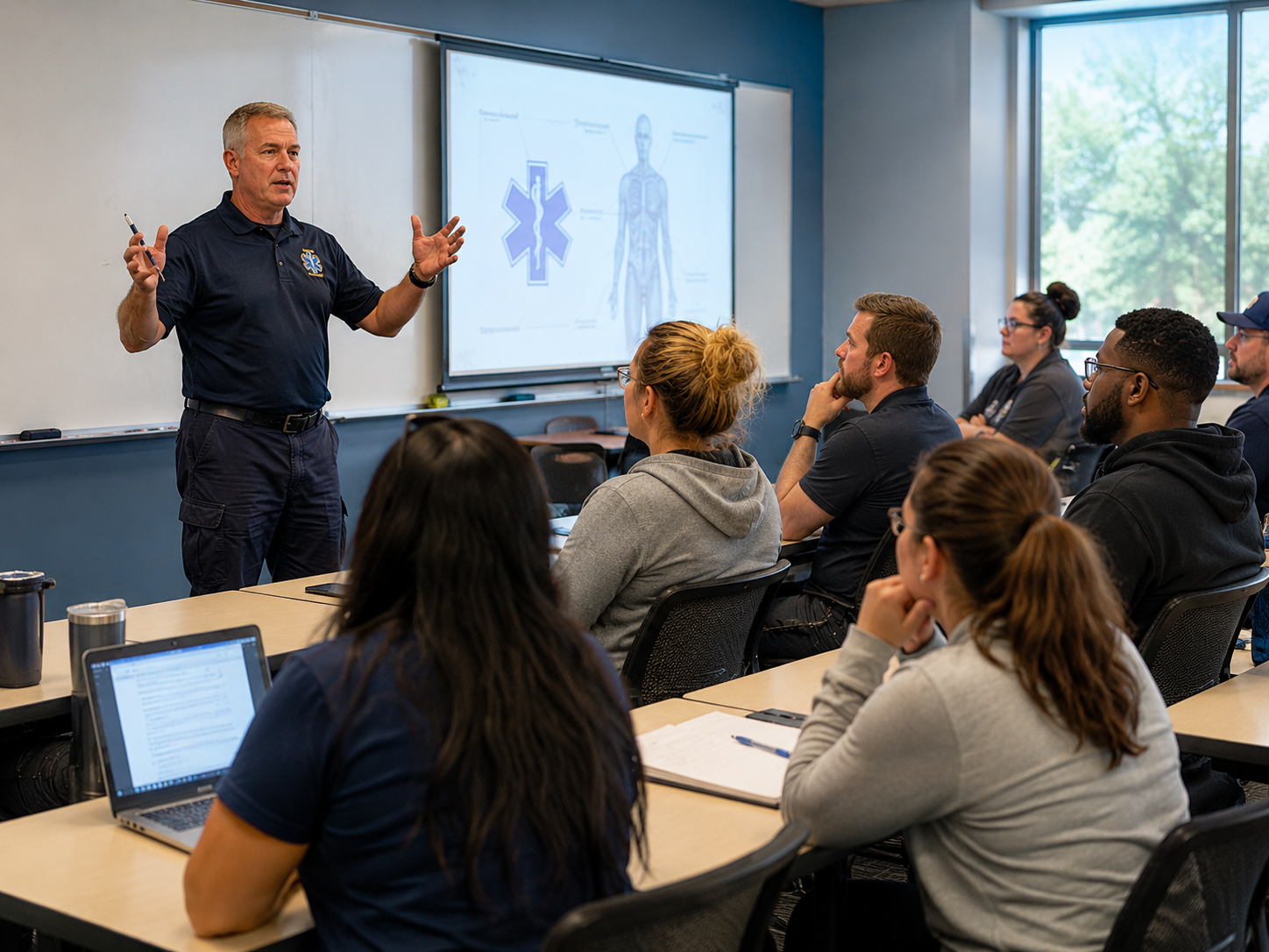 A classroom with a male instructor giving a presentation on emergency medical response to a group of adult students, with health-related graphics displayed on a large screen.