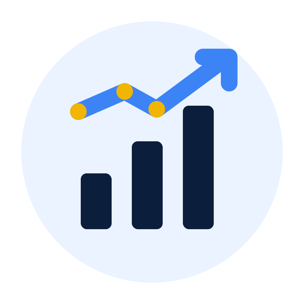 Graph showing rising business growth, with bar chart and upward arrow.