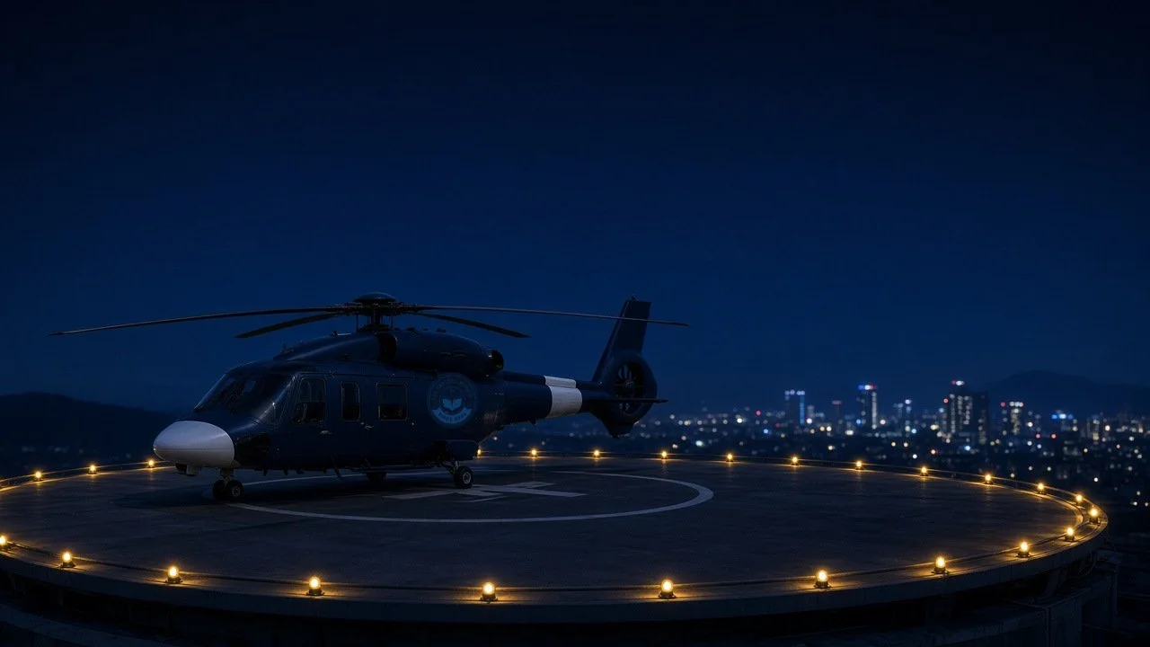 Critical care helicopter on a rooftop helipad at night