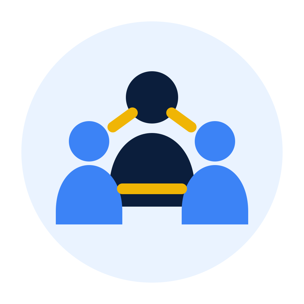 An icon showing three people, with one in the middle connecting to the other two, representing teamwork or collaboration.