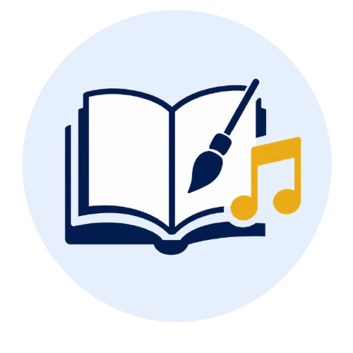 An icon of an open book with a paintbrush and a musical note, representing arts or creative learning.