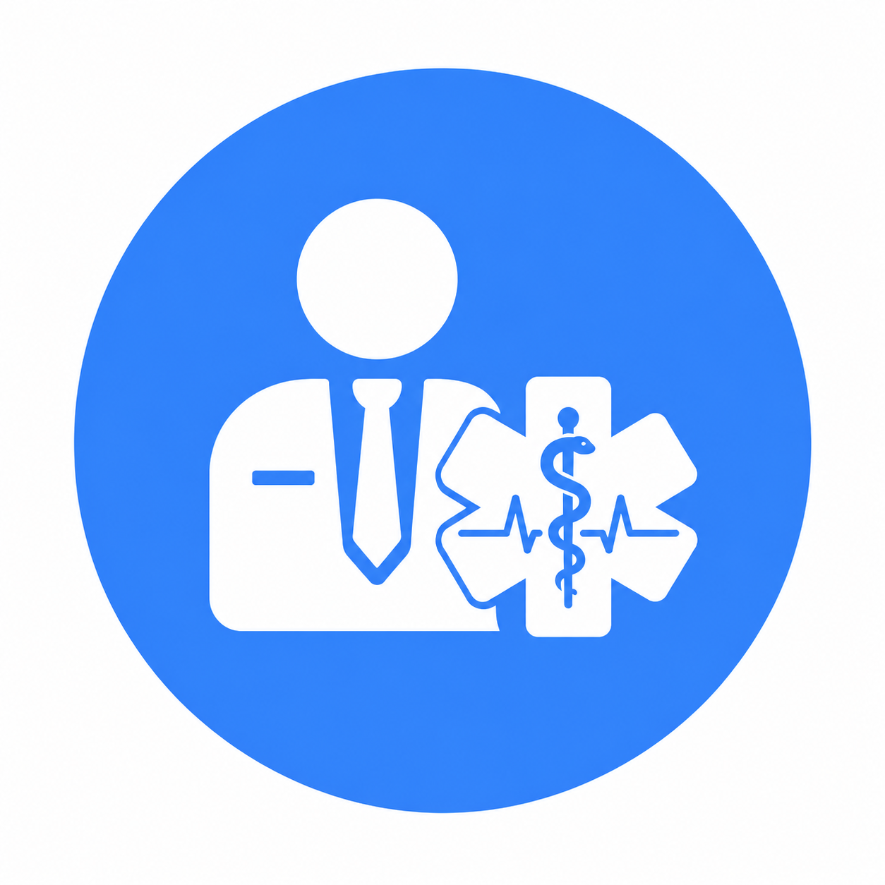 Medical alert icon with a person in a suit, a medical briefcase, and a medical symbol with a caduceus and heart rate.