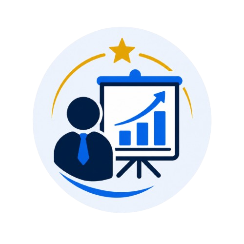 Icon of a businessperson with a presentation chart showing upward growth, surrounded by a circular arrow, with a star at the top.